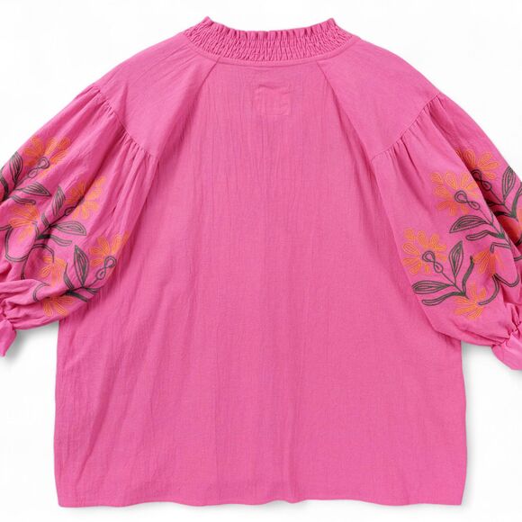 Umgee Womens Boho Peasant Top Sz Large Pink Embroidered Floral Blouse Cotton - Picture 2 of 12